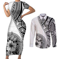Hibiscus With White Austronesian Tattoo Pattern Couples Matching Short Sleeve Bodycon Dress and Long Sleeve Button Shirt LT05 White - Polynesian Pride