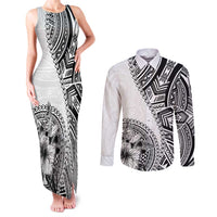 Hibiscus With White Austronesian Tattoo Pattern Couples Matching Tank Maxi Dress and Long Sleeve Button Shirt LT05 White - Polynesian Pride