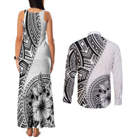 Hibiscus With White Austronesian Tattoo Pattern Couples Matching Tank Maxi Dress and Long Sleeve Button Shirt LT05 - Polynesian Pride