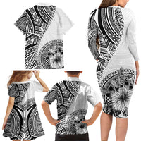 Hibiscus With White Austronesian Tattoo Pattern Family Matching Long Sleeve Bodycon Dress and Hawaiian Shirt - Polynesian Pride