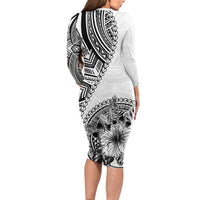 Hibiscus With White Austronesian Tattoo Pattern Family Matching Long Sleeve Bodycon Dress and Hawaiian Shirt - Polynesian Pride