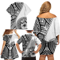 Hibiscus With White Austronesian Tattoo Pattern Family Matching Off Shoulder Short Dress and Hawaiian Shirt - Polynesian Pride