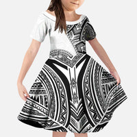 Hibiscus With White Austronesian Tattoo Pattern Kid Short Sleeve Dress - Polynesian Pride