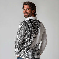Hibiscus With White Austronesian Tattoo Pattern Long Sleeve Polo Shirt - Polynesian Pride