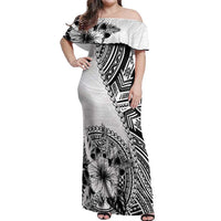 Hibiscus With White Austronesian Tattoo Pattern Off Shoulder Maxi Dress LT05 Women White - Polynesian Pride