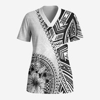Hibiscus With White Austronesian Tattoo Pattern Scrub Top LT05 Adult White - Polynesian Pride