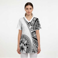 Hibiscus With White Austronesian Tattoo Pattern Scrub Top LT05 - Polynesian Pride