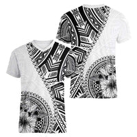 Hibiscus With White Austronesian Tattoo Pattern Women V-Neck T-Shirt - Polynesian Pride