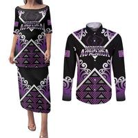 Personalised Aotearoa Moriori Couples Matching Puletasi and Long Sleeve Button Shirt Maori Pattern New Zealand LT05 Purple - Polynesian Pride