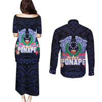 Happy Pohnpei Liberation Day Couples Matching Puletasi and Long Sleeve Button Shirt Polynesian Shark Turtle Motif LT05 - Polynesian Pride