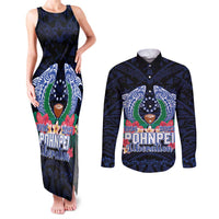 Happy Pohnpei Liberation Day Couples Matching Tank Maxi Dress and Long Sleeve Button Shirt Polynesian Shark Turtle Motif LT05 Blue - Polynesian Pride