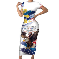 Filipino American History Month Short Sleeve Bodycon Dress Bald Eagle Tarsier Together LT05 Long Dress White - Polynesian Pride