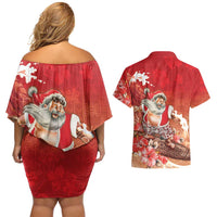 Hawaii Funny Christmas Couples Matching Off Shoulder Short Dress and Hawaiian Shirt Santa Surfing With Tapa Pattern - Polynesian Pride