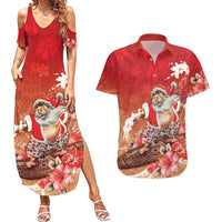 Hawaii Funny Christmas Couples Matching Summer Maxi Dress and Hawaiian Shirt Santa Surfing With Tapa Pattern LT05 Red - Polynesian Pride