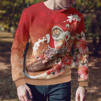 Hawaii Funny Christmas Ugly Christmas Sweater Santa Surfing With Tapa Pattern - Polynesian Pride