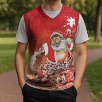 Hawaii Funny Christmas Knitted V-Neck Vest Santa Surfing With Tapa Pattern - Polynesian Pride