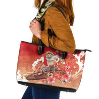 Hawaii Funny Christmas Leather Tote Bag Santa Surfing With Tapa Pattern - Polynesian Pride