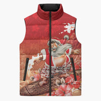 Hawaii Funny Christmas Sleeveless Puffer Jacket Santa Surfing With Tapa Pattern LT05 Unisex Red - Polynesian Pride
