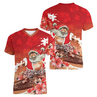 Hawaii Funny Christmas Women V-Neck T-Shirt Santa Surfing With Tapa Pattern - Polynesian Pride