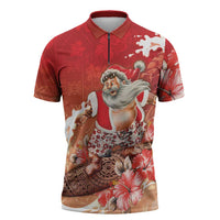 Hawaii Funny Christmas Zipper Polo Shirt Santa Surfing With Tapa Pattern LT05 Red - Polynesian Pride