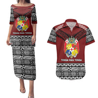 Personalised Tonga Constitution Day Couples Matching Puletasi and Hawaiian Shirt Tongan Kupesi Ngatu Pattern LT05 Red - Polynesian Pride