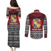 Personalised Tonga Constitution Day Couples Matching Puletasi and Long Sleeve Button Shirt Tongan Kupesi Ngatu Pattern LT05 - Polynesian Pride