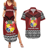 Personalised Tonga Constitution Day Couples Matching Summer Maxi Dress and Hawaiian Shirt Tongan Kupesi Ngatu Pattern LT05 Red - Polynesian Pride