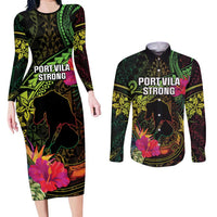 Vanuatu Couples Matching Long Sleeve Bodycon Dress and Long Sleeve Button Shirt Be Strong Pray For Port Vila LT05 Black - Polynesian Pride