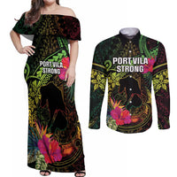 Vanuatu Couples Matching Off Shoulder Maxi Dress and Long Sleeve Button Shirt Be Strong Pray For Port Vila LT05 Black - Polynesian Pride
