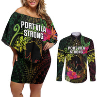 Vanuatu Couples Matching Off Shoulder Short Dress and Long Sleeve Button Shirt Be Strong Pray For Port Vila LT05 Black - Polynesian Pride
