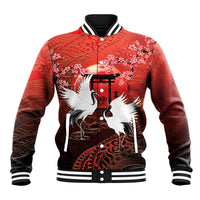 Hawaii and Japan Together Baseball Jacket Polynesian Art Tattoo With Cranes And Sakura LT05 Unisex Red - Polynesian Pride