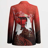 Hawaii and Japan Together Blazer Polynesian Art Tattoo With Cranes And Sakura - Polynesian Pride