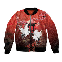 Hawaii and Japan Together Bomber Jacket Polynesian Art Tattoo With Cranes And Sakura LT05 Unisex Red - Polynesian Pride