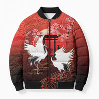 Hawaii and Japan Together Bomber Puffer Jacket Polynesian Art Tattoo With Cranes And Sakura LT05 Unisex Red - Polynesian Pride