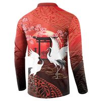 Hawaii and Japan Together Button Sweatshirt Polynesian Art Tattoo With Cranes And Sakura LT05 - Polynesian Pride
