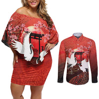 Hawaii and Japan Together Couples Matching Off Shoulder Short Dress and Long Sleeve Button Shirt Polynesian Art Tattoo With Cranes And Sakura - Polynesian Pride