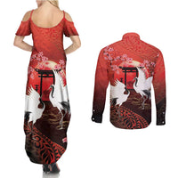 Hawaii and Japan Together Couples Matching Summer Maxi Dress and Long Sleeve Button Shirt Polynesian Art Tattoo With Cranes And Sakura - Polynesian Pride