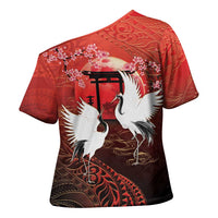 Hawaii and Japan Together Cross Shoulder Shirt Polynesian Art Tattoo With Cranes And Sakura LT05 - Polynesian Pride