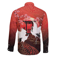 Hawaii and Japan Together Family Matching Long Sleeve Bodycon Dress and Hawaiian Shirt Polynesian Art Tattoo With Cranes And Sakura - Polynesian Pride