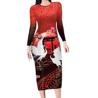 Hawaii and Japan Together Family Matching Long Sleeve Bodycon Dress and Hawaiian Shirt Polynesian Art Tattoo With Cranes And Sakura - Polynesian Pride