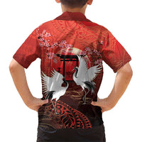 Hawaii and Japan Together Family Matching Off Shoulder Maxi Dress and Hawaiian Shirt Polynesian Art Tattoo With Cranes And Sakura - Polynesian Pride