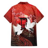 Hawaii and Japan Together Family Matching Off Shoulder Maxi Dress and Hawaiian Shirt Polynesian Art Tattoo With Cranes And Sakura - Polynesian Pride