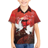Hawaii and Japan Together Family Matching Off Shoulder Maxi Dress and Hawaiian Shirt Polynesian Art Tattoo With Cranes And Sakura - Polynesian Pride