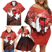 Hawaii and Japan Together Family Matching Off Shoulder Short Dress and Hawaiian Shirt Polynesian Art Tattoo With Cranes And Sakura - Polynesian Pride