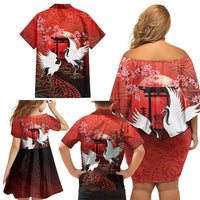 Hawaii and Japan Together Family Matching Off Shoulder Short Dress and Hawaiian Shirt Polynesian Art Tattoo With Cranes And Sakura - Polynesian Pride
