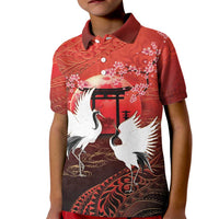 Hawaii and Japan Together Kid Polo Shirt Polynesian Art Tattoo With Cranes And Sakura LT05 Kid Red - Polynesian Pride