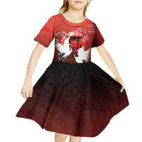 Hawaii and Japan Together Kid Short Sleeve Dress Polynesian Art Tattoo With Cranes And Sakura LT05 - Polynesian Pride