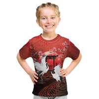 Hawaii and Japan Together Kid T Shirt Polynesian Art Tattoo With Cranes And Sakura LT05 Red - Polynesian Pride
