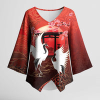Hawaii and Japan Together Kimono Sleeve Blouse Polynesian Art Tattoo With Cranes And Sakura LT05 Female Red - Polynesian Pride