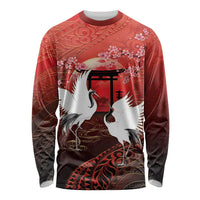 Hawaii and Japan Together Long Sleeve Shirt Polynesian Art Tattoo With Cranes And Sakura LT05 Unisex Red - Polynesian Pride